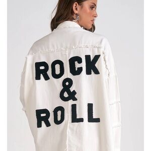 Elan White and Black Jean Jacket Rock & Roll Graphic